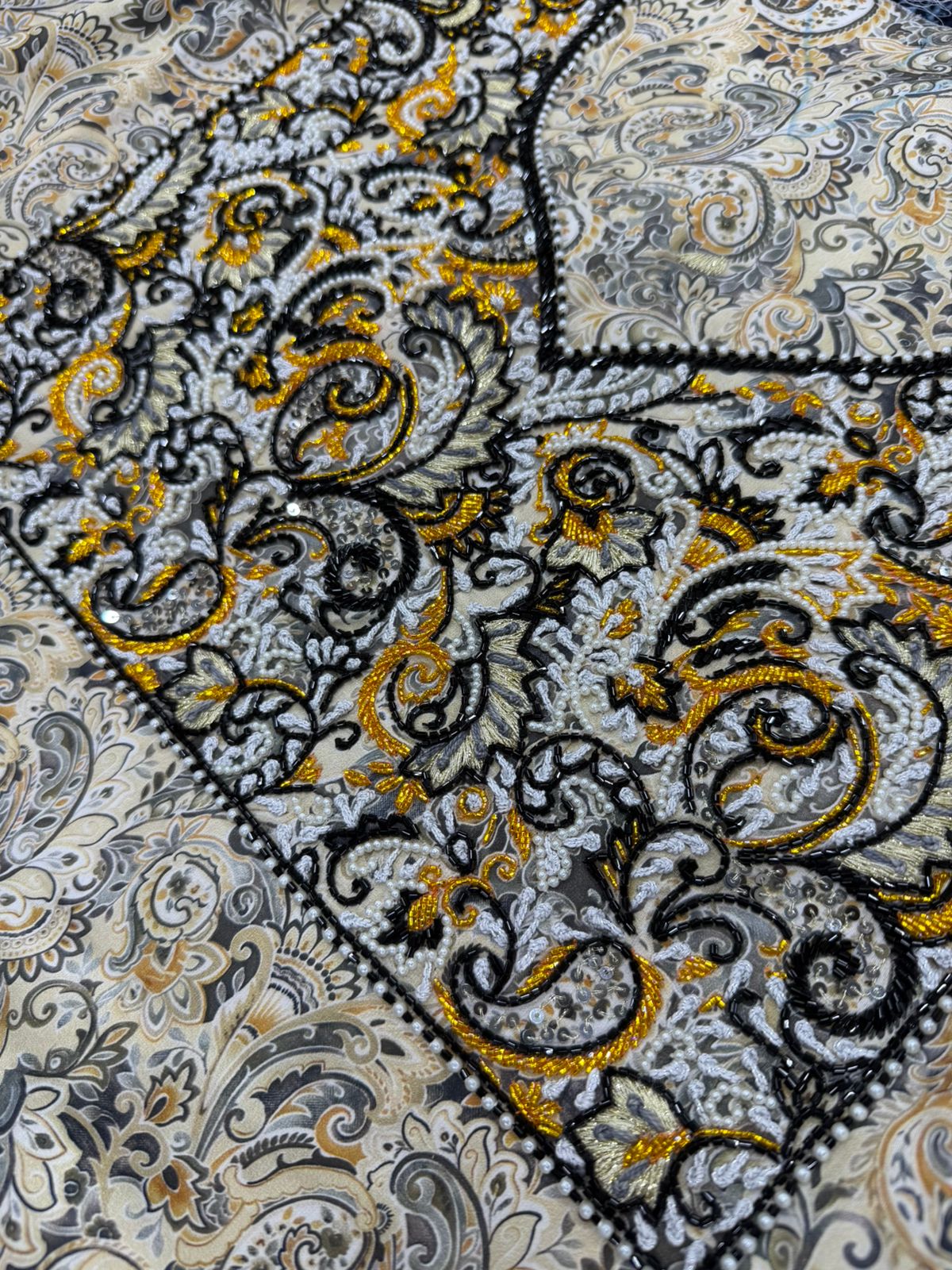 Exclusive Emirati Mukhawar Fabric – Hand Beaded Neck & Sleeves (Unstitched)