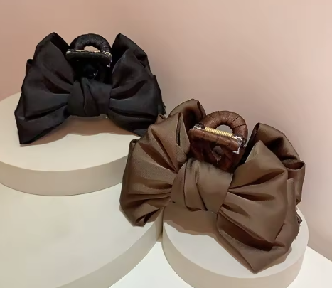 Elegant Coffee Black Satin Bow Fabric Hair Clip Claw