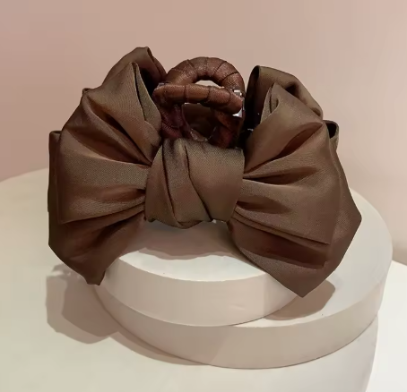 Elegant Coffee Black Satin Bow Fabric Hair Clip Claw