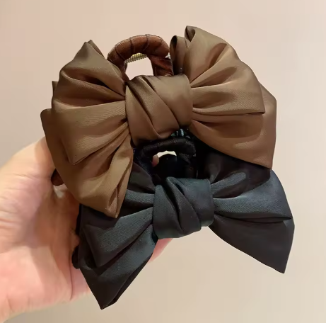 Elegant Coffee Black Satin Bow Fabric Hair Clip Claw