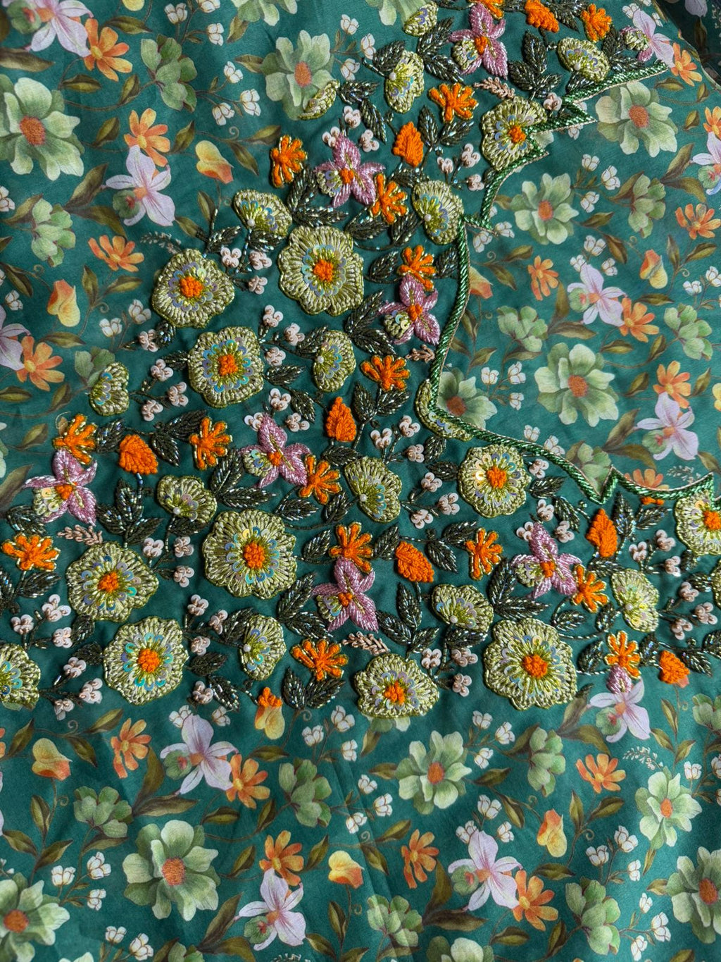 Emirati Mukhawar Fabric – Hand Beaded Neck & Sleeves (Unstitched)